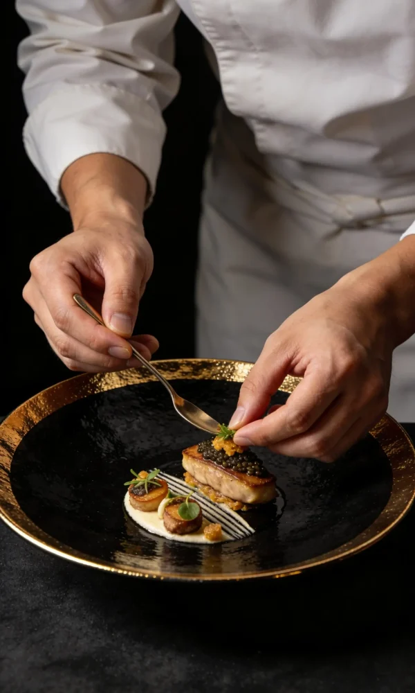 Professional private chef delicately garnishing a luxury gourmet dish with caviar and fresh microgreens on a black fine dining plate in Dubai.