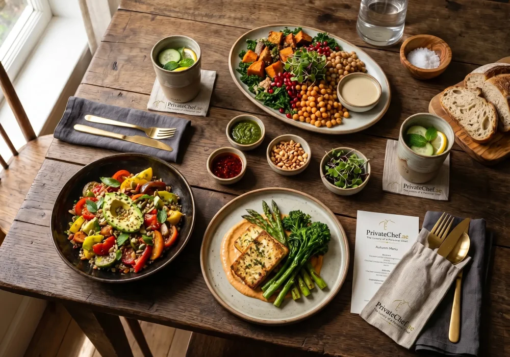 Healthy Home Chef Meal Service | PrivateChef.ae Healthy home chef meal service featuring grilled salmon, fresh salads, roasted vegetables, and nutritious gourmet dishes prepared in Dubai, UAE.