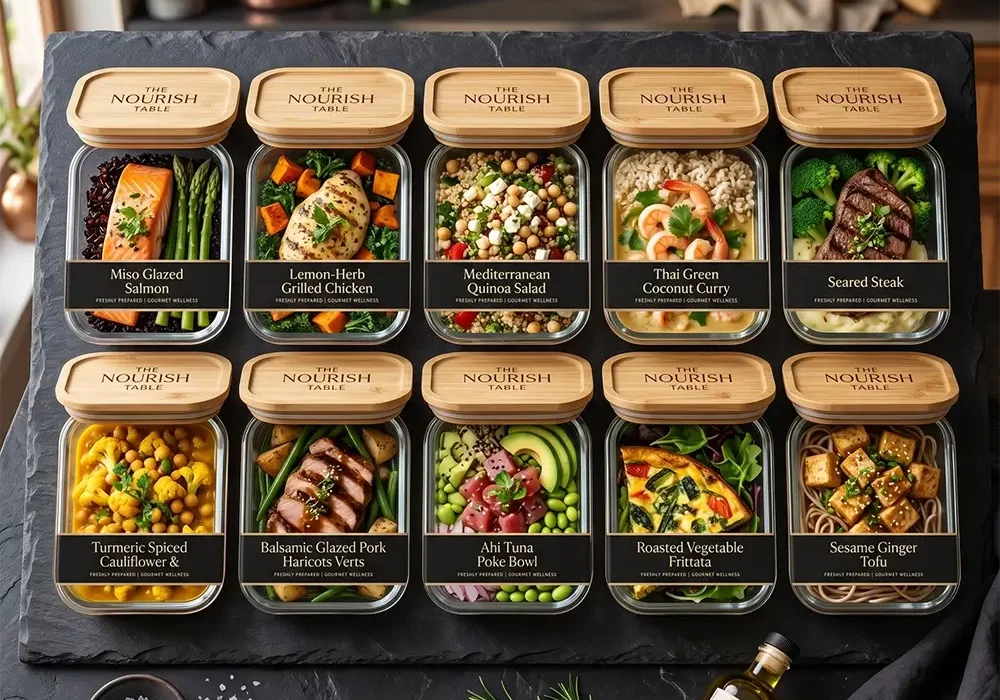 Healthy Meal Prep by a Private Chef | PrivateChef.ae Healthy meal prep containers with salmon, grilled chicken, steak, quinoa salad, tofu, poke bowl, and gourmet meals prepared by a private chef in Dubai, UAE.
