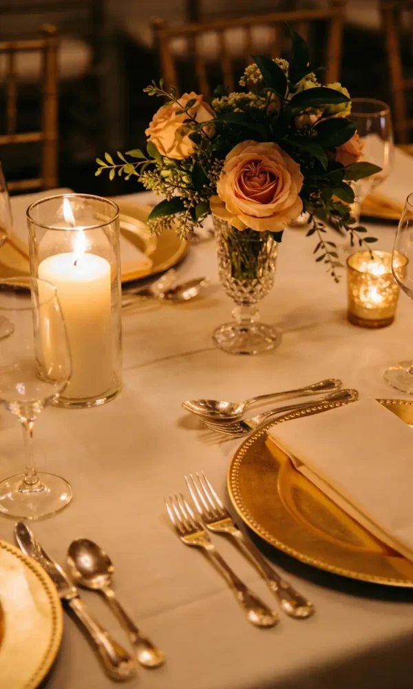 Elegant luxury private dining table with candlelight, floral centerpiece, gold tableware, and fine dining place settings for an exclusive private chef experience in Dubai.