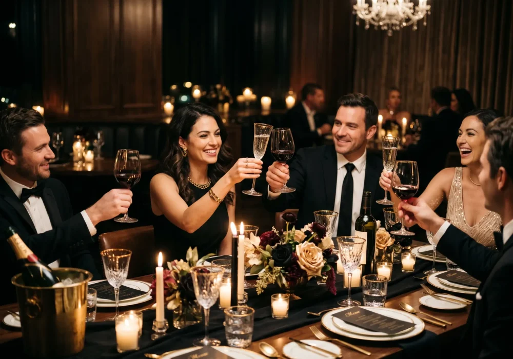 Luxury Private Dinner Party Experience | PrivateChef.ae Guests enjoying a luxury private dinner party with gourmet dining and wine served by a private chef in Dubai, UAE.