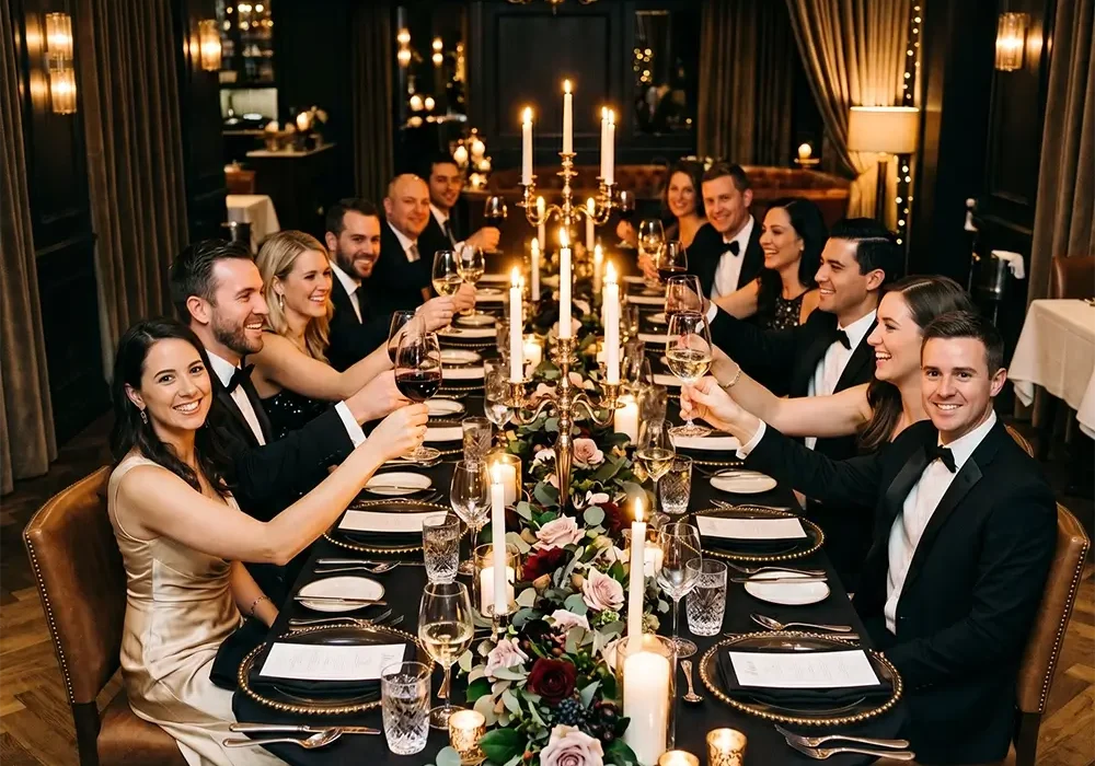 Guests enjoying a luxury private dinner party with gourmet dining, elegant table setting, and wine served by a private chef in Dubai, UAE.