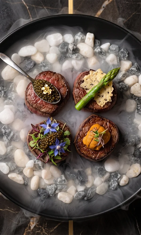 Luxury Wagyu steak with caviar, asparagus, and gourmet garnishes prepared by a private chef for a fine dining experience at home in Dubai, UAE.