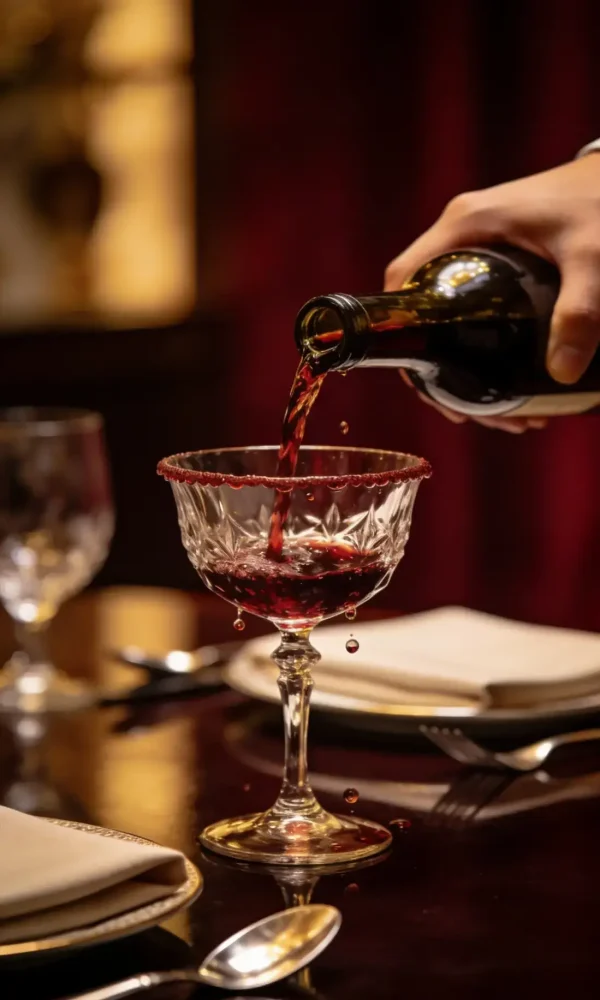 Elegant red wine being poured into a crystal glass during a luxury private dining experience prepared by a professional private chef in Dubai.