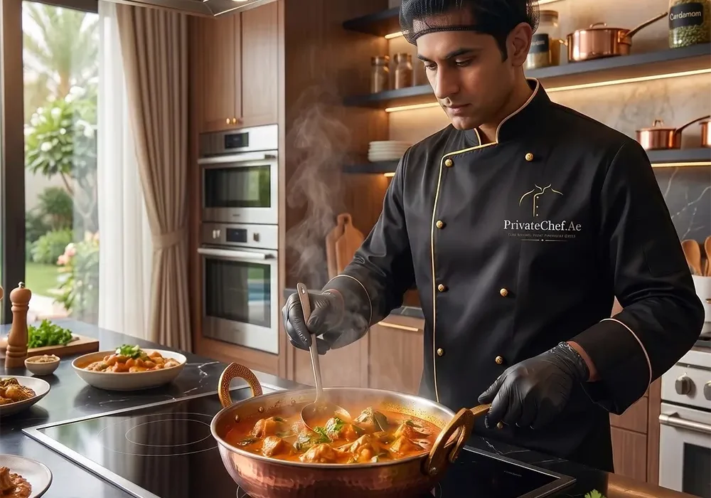 private-chef-cooking-at-home-dubai Professional private chef preparing a gourmet meal in a luxury home kitchen in Dubai, UAE.