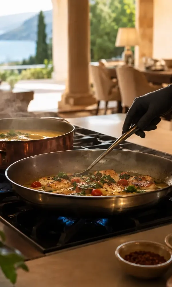 Private chef preparing a gourmet meal in a luxury villa kitchen with panoramic sea views, offering an exclusive fine dining experience in Dubai.
