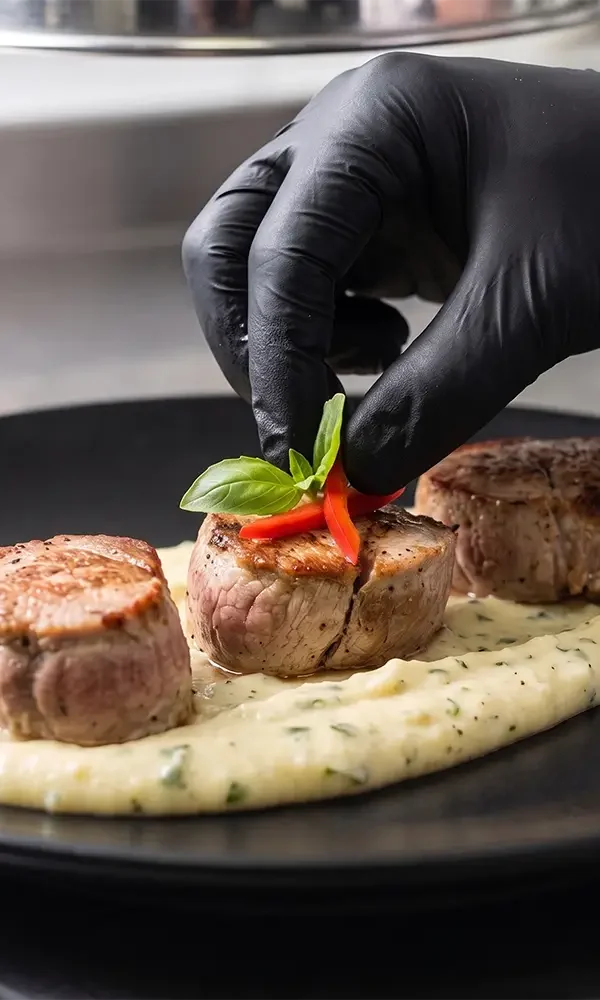 Private chef garnishing gourmet beef tenderloin medallions on creamy herb mashed potatoes with fresh basil and chili in a luxury kitchen in Dubai.