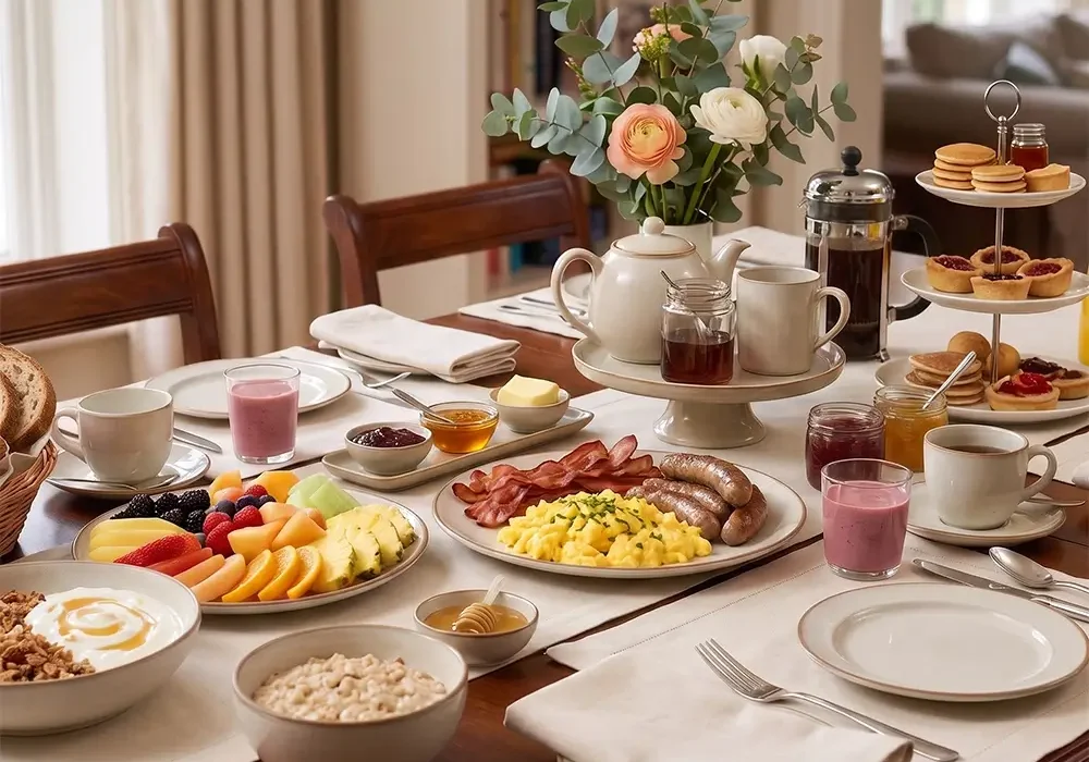 Luxury breakfast prepared by a private chef at home featuring fresh fruit, eggs, pastries, coffee, and gourmet breakfast items in Dubai.