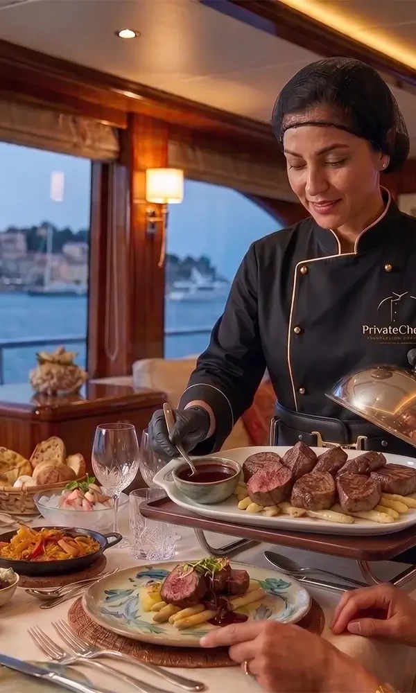 Private chef serving gourmet steak with sauce on a luxury yacht while guests enjoy an exclusive fine dining experience in Dubai.