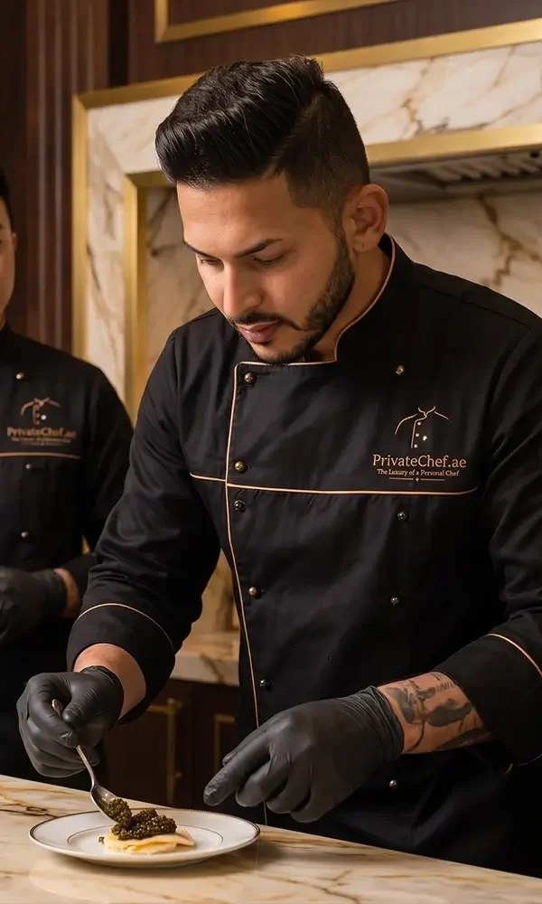Professional private chef leading a luxury culinary team while plating a gourmet dish during an exclusive private dining experience in Dubai.
