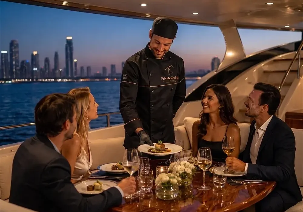 Private chef serving a gourmet dinner on a luxury yacht with guests enjoying fine dining and Dubai Marina skyline views at sunset.