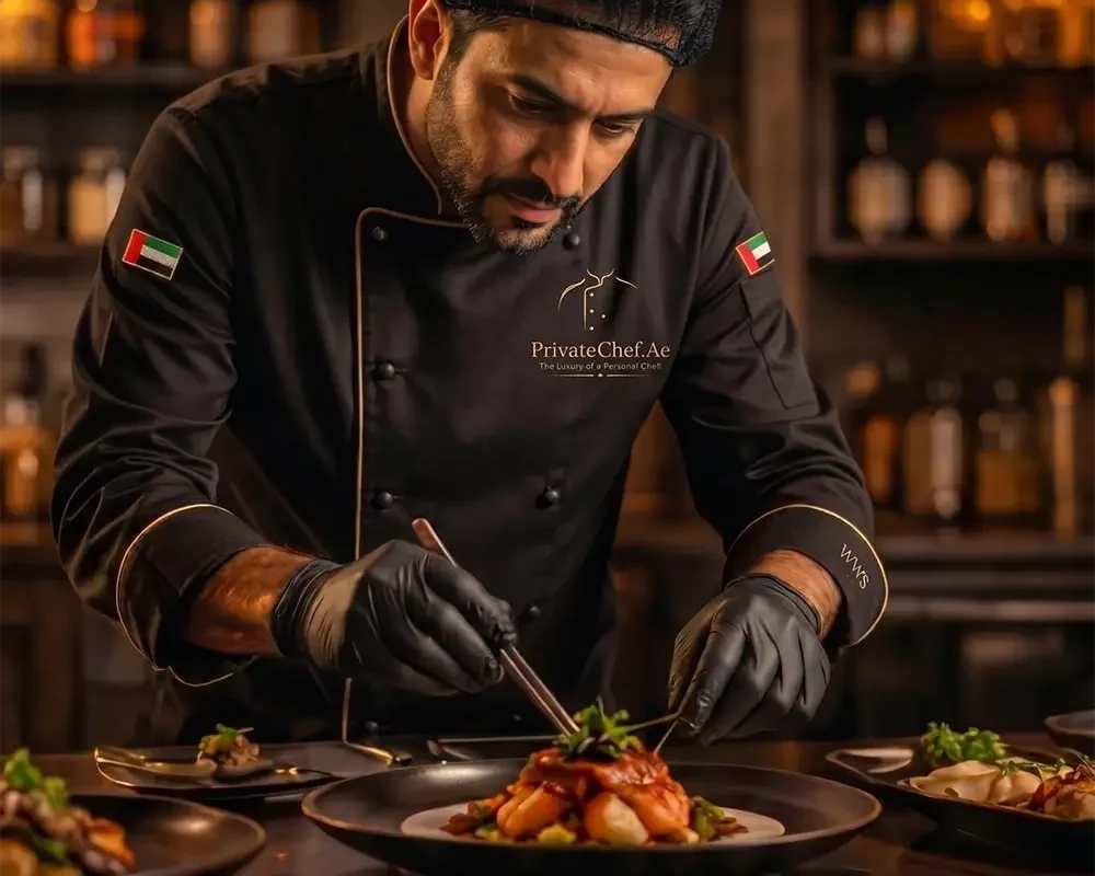 Professional private chef carefully plating a gourmet dish during a luxury fine dining experience in Dubai, UAE.
