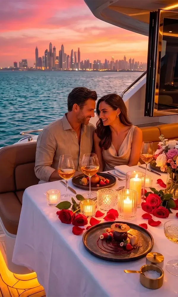 Romantic private chef yacht dinner in Dubai featuring a candlelit table, gourmet desserts, fresh flowers, and stunning sunset skyline views.